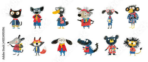 A set of childish crayon illustrations of cute baby animals wearing warm winter clothes. A collection of funny zoo animal cubs isolated on white. AI-generated clip art