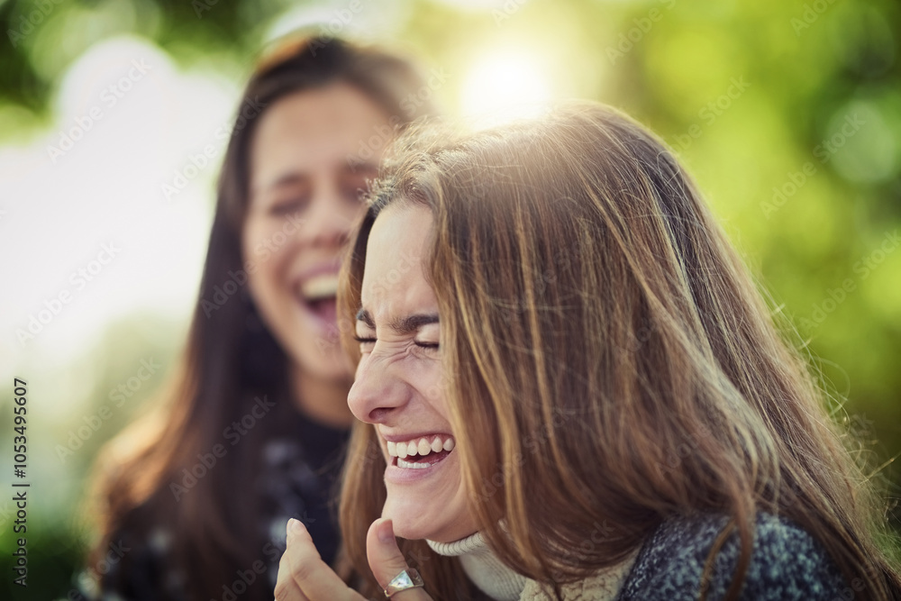 Fototapeta premium Face, funny and park with woman friends outdoor together for bonding, enjoyment or silly joking. Eyes closed, goofy and laughing with smile of happy people in nature for summer comedy or humor