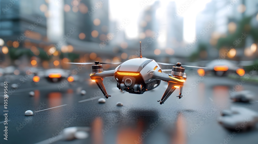 Tiny security drones hovering and guarding miniature assets infrastructure and transportation in a futuristic smart city landscape Tiny security drones hovering and guarding miniature assets infrastructure and transportation in a futuristic smart city landscape