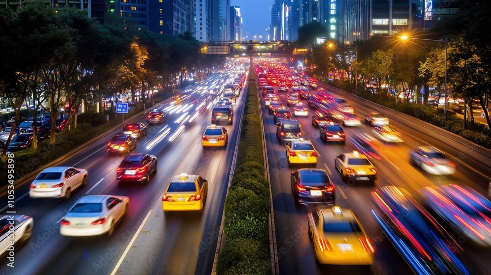 Obraz premium Night city aerial street light trails cars colors forming abstract patterns. AI generated