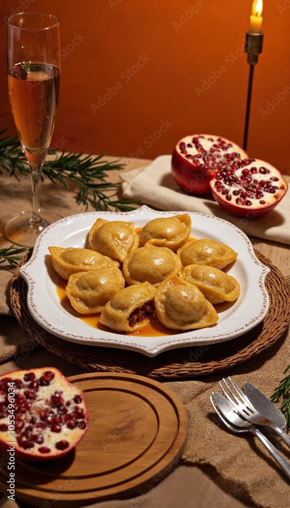 Rustic New Year's Dinner with Traditional Dumplings and Pomegranate Rustic New Year's Dinner with Traditional Dumplings and Pomegranate