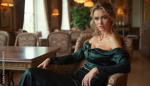 A beautiful woman with long blonde hair is sitting in a luxurious armchair in a vintage interior. She is wearing an emerald green satin off-the-shoulder dress.