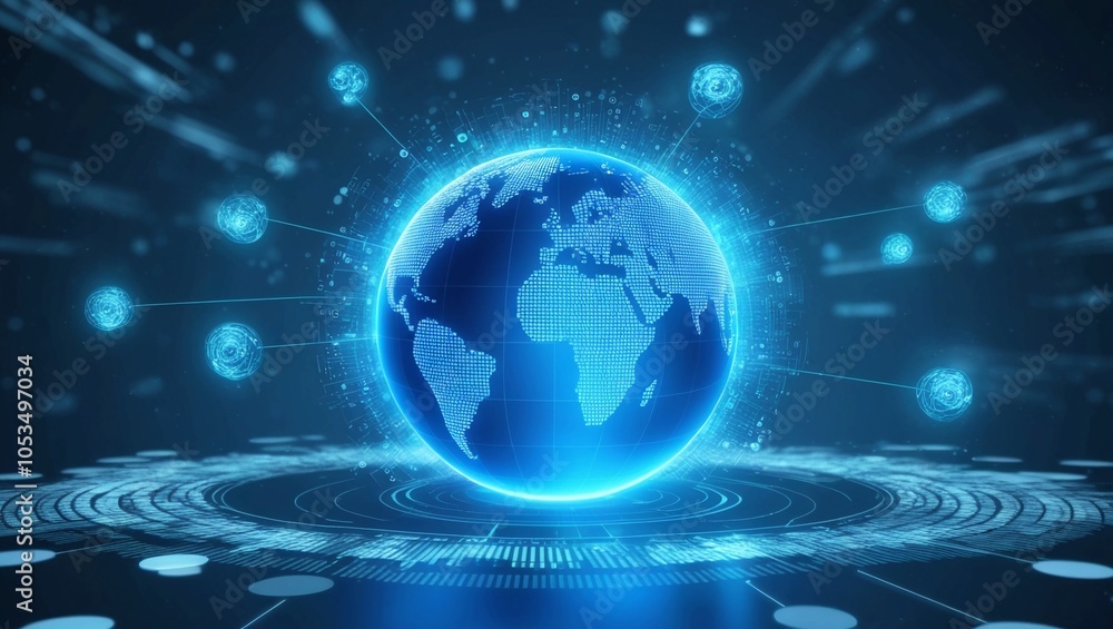 Glowing Blue Digital Globe Surrounded by Data Particles, Representing Global Connectivity and Innovation Glowing Blue Digital Globe Surrounded by Data Particles, Representing Global Connectivity and Innovation