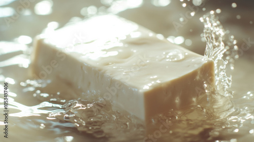 a rectangular white smooth and delicate tofu in water