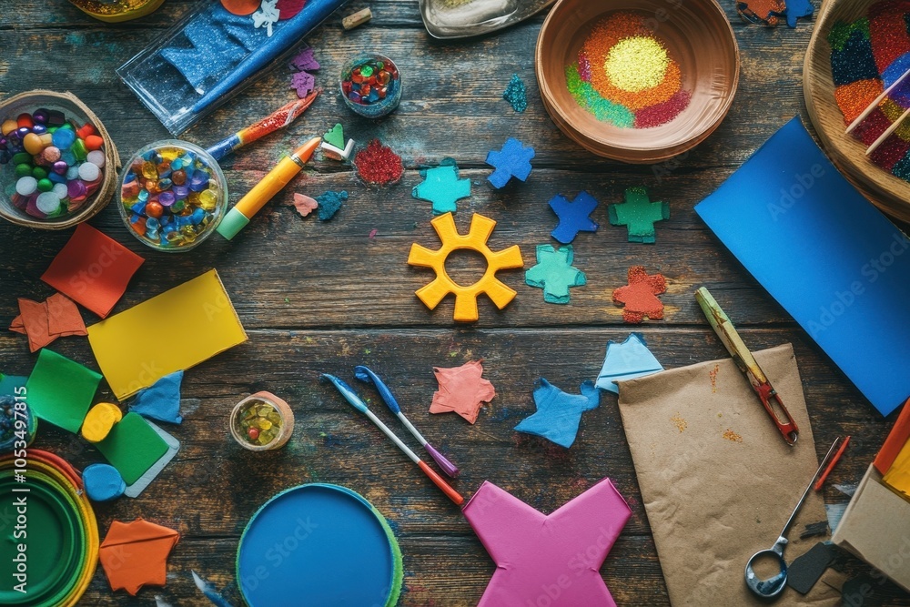 Obraz premium Hanukkah Crafts: A top-down view of a table filled with Hanukkah craft materials, such as colored paper, glue, glitter, and dreidel cutouts. The image captures the creative spirit of preparing for the