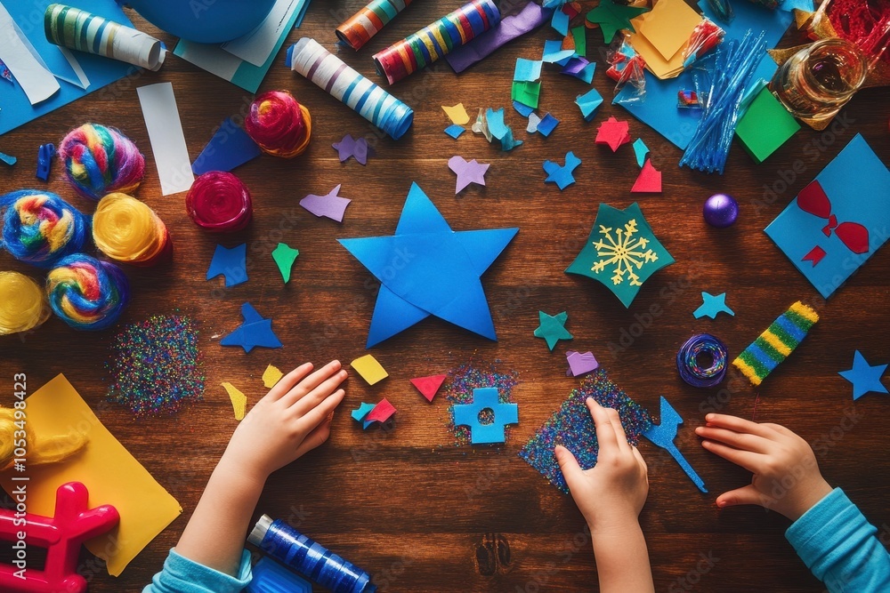 Fototapeta premium Hanukkah Crafts: A top-down view of a table filled with Hanukkah craft materials, such as colored paper, glue, glitter, and dreidel cutouts. The image captures the creative spirit of preparing for the
