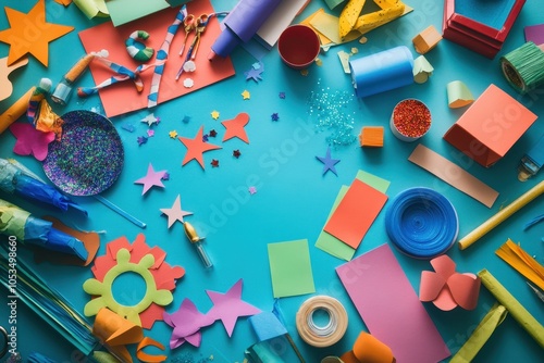 Hanukkah Crafts: A top-down view of a table filled with Hanukkah craft materials, such as colored paper, glue, glitter, and dreidel cutouts. The image captures the creative spirit of preparing for the photo