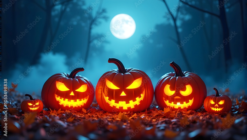 Halloween pumpkin head jack lantern with burning candles, glowing pumpkins, spooky faces, full moon, eerie blue mist, dark atmosphere Halloween pumpkin head jack lantern with burning candles, glowing pumpkins, spooky faces, full moon, eerie blue mist, dark atmosphere