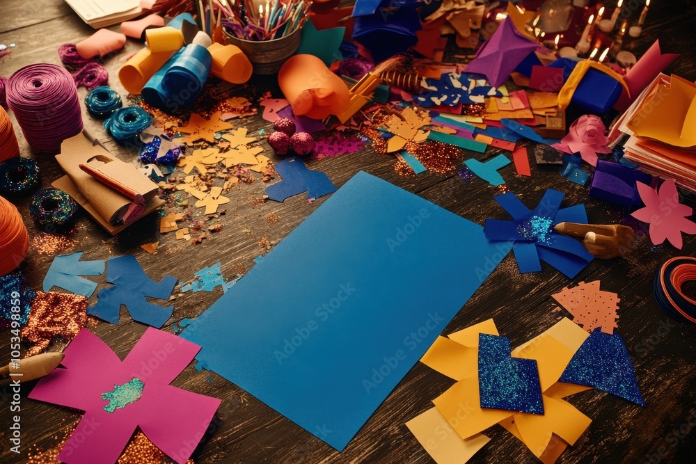 Hanukkah Crafts: A top-down view of a table filled with Hanukkah craft materials, such as colored paper, glue, glitter, and dreidel cutouts. The image captures the creative spirit of preparing for the Hanukkah Crafts: A top-down view of a table filled with Hanukkah craft materials, such as colored paper, glue, glitter, and dreidel cutouts. The image captures the creative spirit of preparing for the