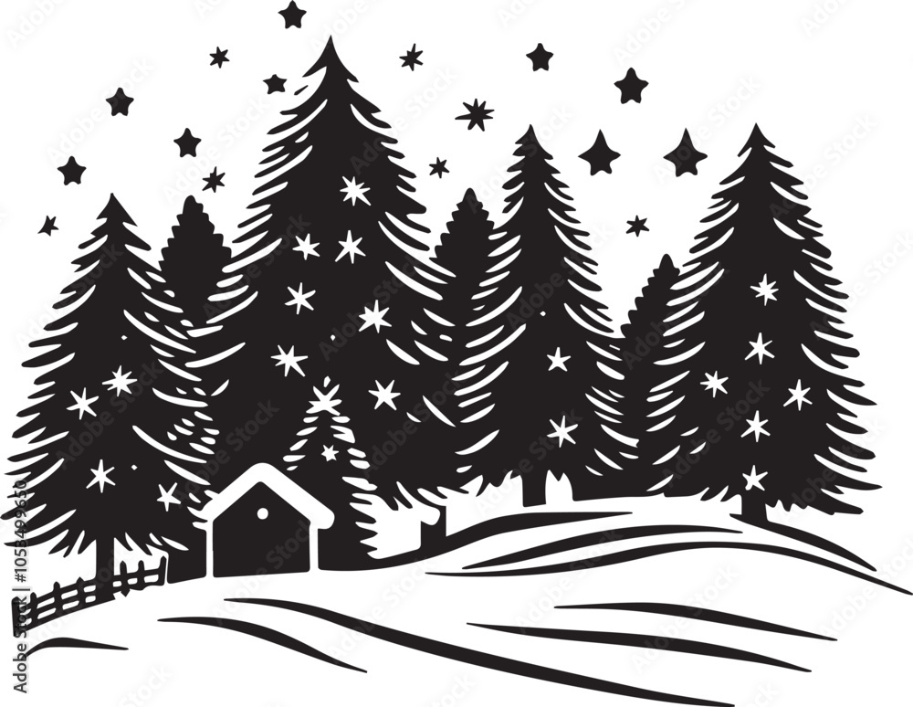 Obraz premium Winter landscape with trees, Silhouette of a Christmas tree farm with trees and a starry sky vector silhouette