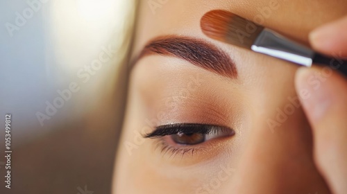 Close-up of a person applying makeup to the eyebrow with a brush.