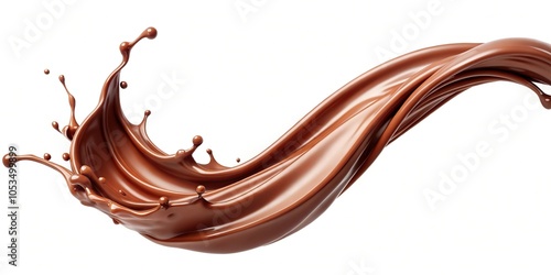 Wide-angle milk and liquid chocolate mix flowing in a curved shape on an isolated background