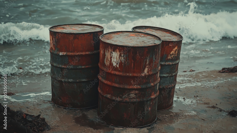 Rusty oil barrels on a beach near water, highlighting industrial pollution and environmental hazards for oceans Rusty oil barrels on a beach near water, highlighting industrial pollution and environmental hazards for oceans