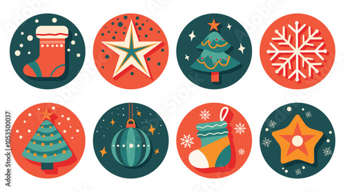Set of isolated Christmas and New Year label in cute doodle style on transparent background. Volume 4 : Vivid red and green tone colors.