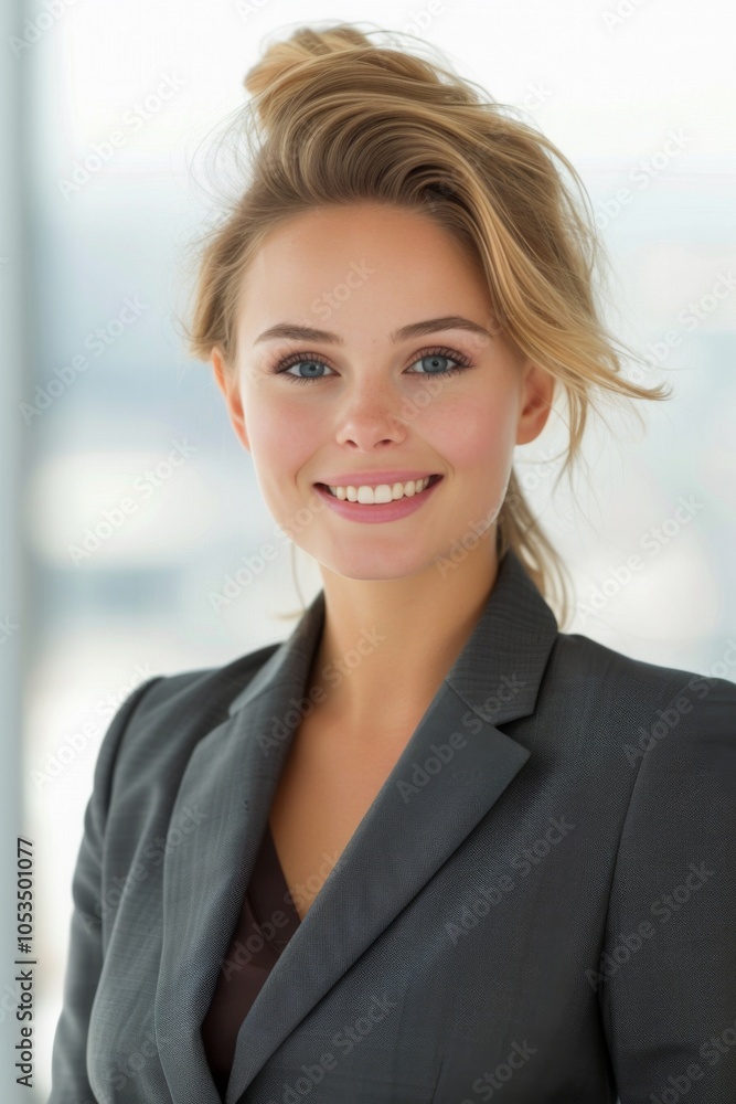 Confident Businesswoman with Blonde Hair Smiling in Modern Office Environment Confident Businesswoman with Blonde Hair Smiling in Modern Office Environment