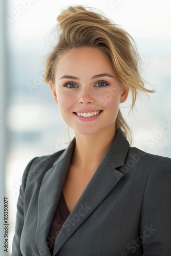 Confident Businesswoman with Blonde Hair Smiling in Modern Office Environment
