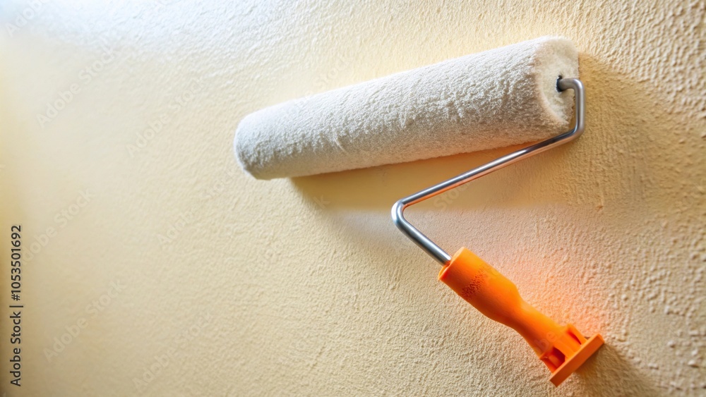 Obraz premium Wide-angle paint roller painting wall with structural paint