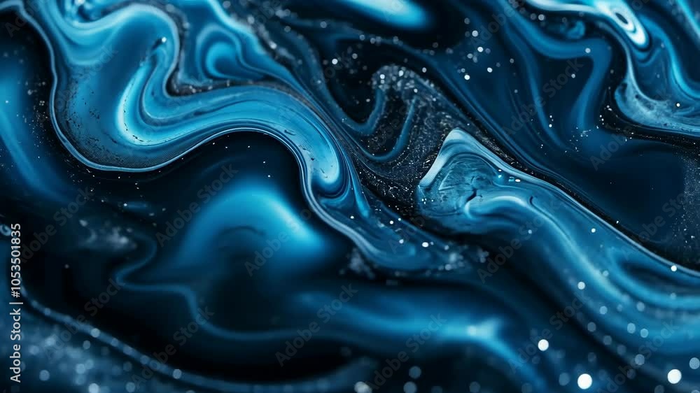 A close-up of blue liquid paint with glittering silver particles, creating swirling abstract patterns A close-up of blue liquid paint with glittering silver particles, creating swirling abstract patterns