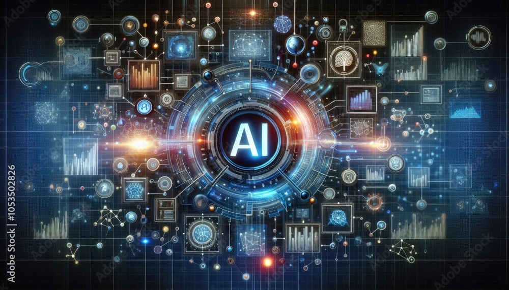 Obraz premium Conceptual Visualization of Deep Learning Integration with Data Analytics: AI-driven Analysis, Neural Networks, and Futuristic Holographic Interface in Technological Innovation