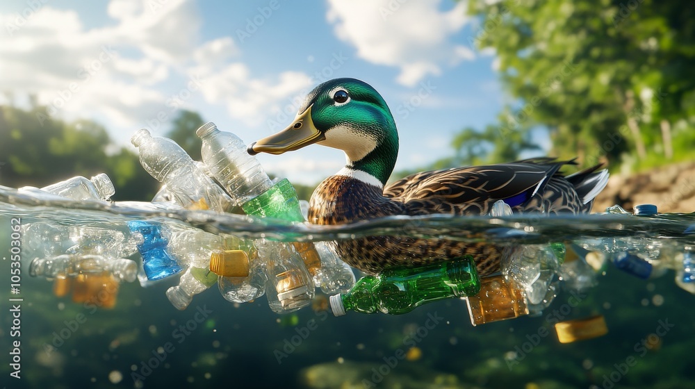 Obraz premium Close-up of mallard duck surrounded by plastic waste in river for eco-friendly and wildlife protection initiatives