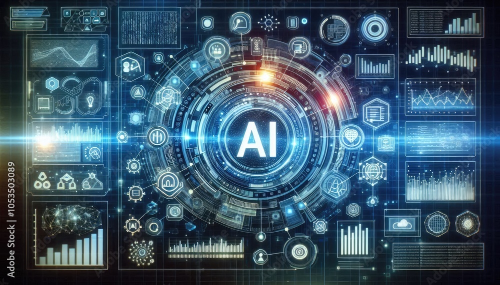 Fototapeta premium Conceptual Visualization of Deep Learning Integration with Data Analytics: AI-driven Analysis, Neural Networks, and Futuristic Holographic Interface in Technological Innovation