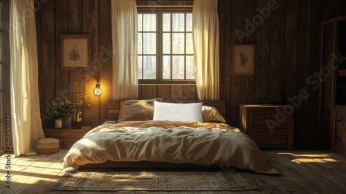 Rustic bedroom with a blank pillow