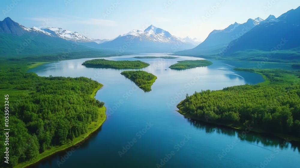 Fototapeta premium River flowing through a mountain lake with lush green islands