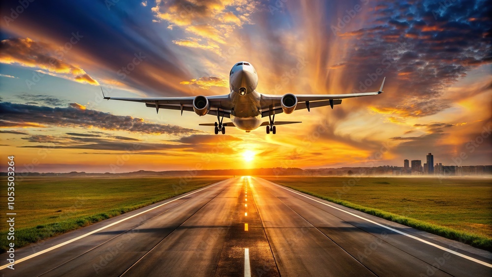 Naklejka premium Wide-angle photography of airplane taking off from runway during sunrise