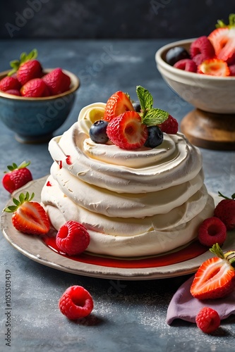 Delightful creamy pavlova with fresh strawberry, raspberry & blueberry on food table, white whipped cream meringue dessert cake photo