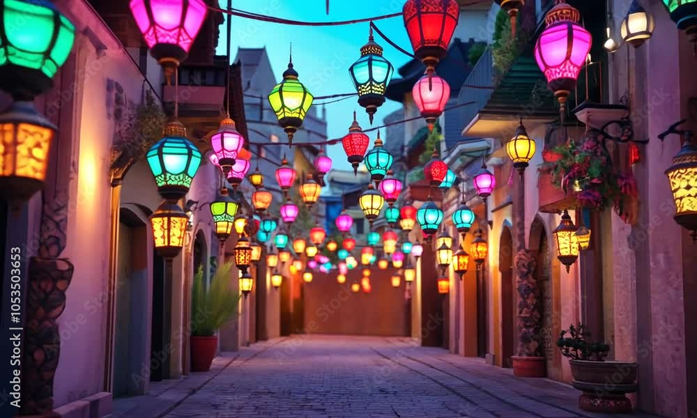Colorful Lanterns illuminate a narrow street Colorful Lanterns illuminate a narrow street