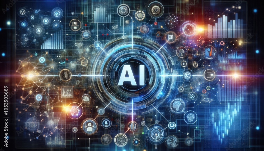Fototapeta premium Conceptual Visualization of Deep Learning Integration with Data Analytics: AI-driven Analysis, Neural Networks, and Futuristic Holographic Interface in Technological Innovation