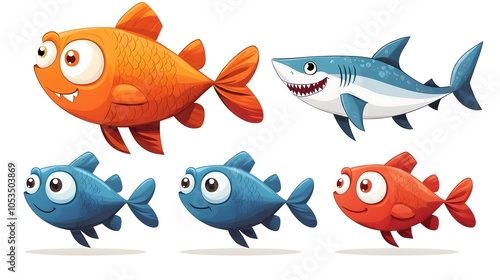 Colorful School of Fish with Happy Shark Observing in Synchronized Underwater Cartoon Scene