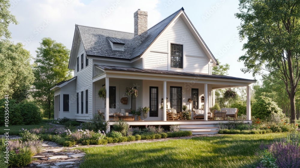 Rustic farmhouse with a large porch. Rustic farmhouse with a large porch.