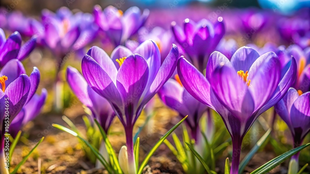 Wide-Angle purple spring crocuses in flower with selective focus Wide-Angle purple spring crocuses in flower with selective focus