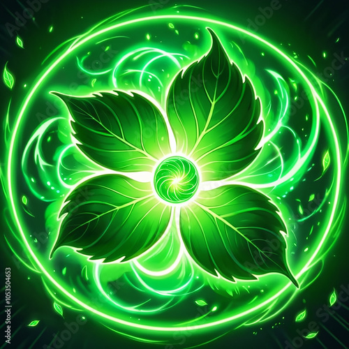 A stylized illustration of four green leaves radiating outward from a swirling green energy orb, encompassed by a circular glowing green halo. The leaves appear to have veins, and smaller green partic photo