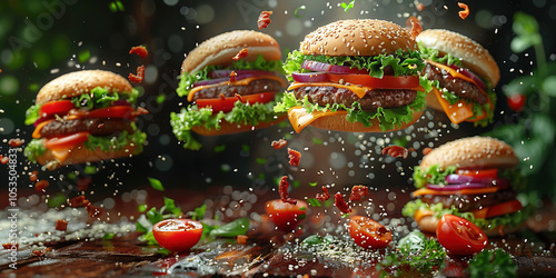 Flying hamburger, cheeseburger, dark background with tomatoes and peppers. Delicious grilled cutlet with cheese and salad.