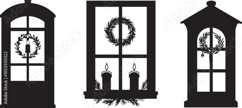 Silhouette of a candlelit window with a wreath on the door, vector silhouette photo