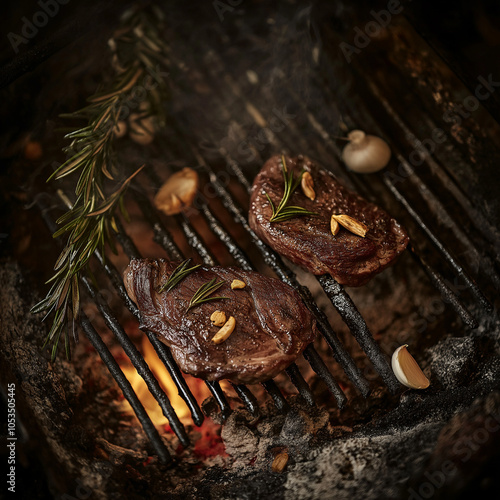 Tender lamb steaks with garlic and rosemary over an open charcoal flame for a rustic barbecue delight photo