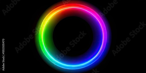 Wide-angle RGB color circle on black background with rainbow color light circle fading into red, green, and blue