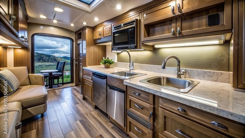 Wide-Angle RV Motorhome kitchen with sink cabinets and counters