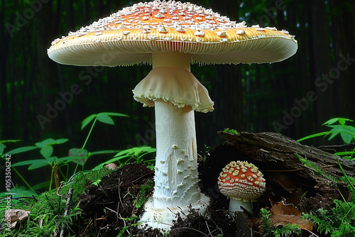 Detailed view of Amanita bisporigera mushroom in a forest setting with natural lighting photo