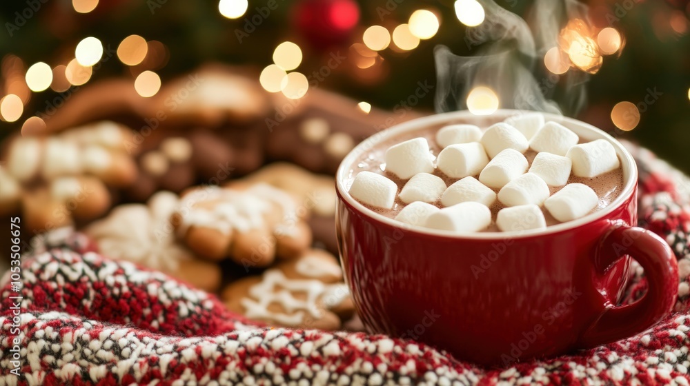 A close-up of a steaming cup of hot chocolate with marshmallows, set on a cozy blanket with Christmas cookies in the background A close-up of a steaming cup of hot chocolate with marshmallows, set on a cozy blanket with Christmas cookies in the background