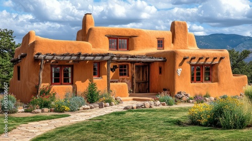 Pueblo-style house with thick adobe walls. photo