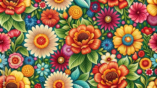 Wide-Angle Seamless retro floral pattern with bold colorful flowers and leaves