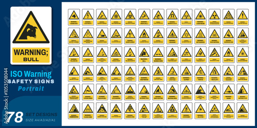 78 set iso warning safety signs v34_bull_portrait size a4/a3/a2/a1
