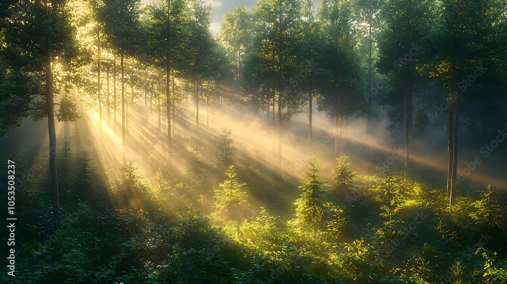 Fototapeta premium Beautiful misty forest with sun rays piercing through the trees, creating a serene and magical atmosphere. The lush greenery glows in the warm light, inviting exploration.