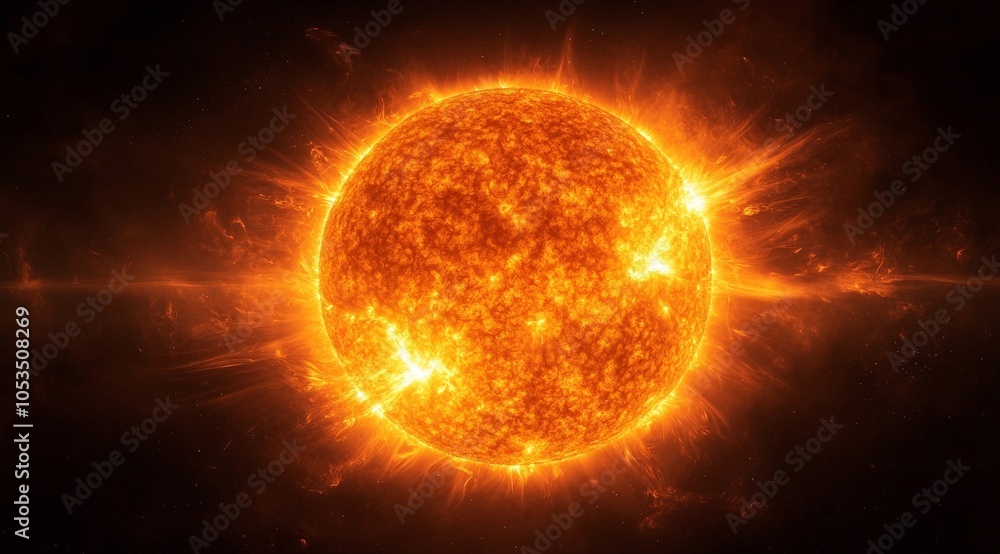 A fiery, glowing sun dominates the scene with intense orange and yellow flares extending outward. Its surface is textured with bright spots, swirling plasma, and energetic solar eruptions. A fiery, glowing sun dominates the scene with intense orange and yellow flares extending outward. Its surface is textured with bright spots, swirling plasma, and energetic solar eruptions.