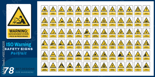 78 set iso warning safety signs v32_rapid movement of workpiece in press brake_portrait size a4/a3/a2/a1
