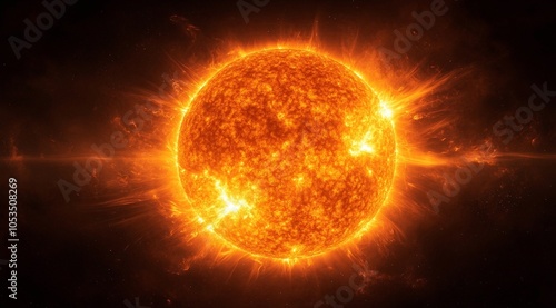 A fiery, glowing sun dominates the scene with intense orange and yellow flares extending outward. Its surface is textured with bright spots, swirling plasma, and energetic solar eruptions.