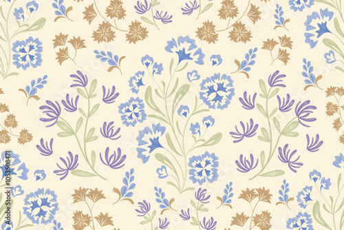 Minimal Floral pattern seamless paisley embroidery texture blue carnation flower motifs. Vintage ikat style vector illustration design hand drawn wallpaper ditsy background border .